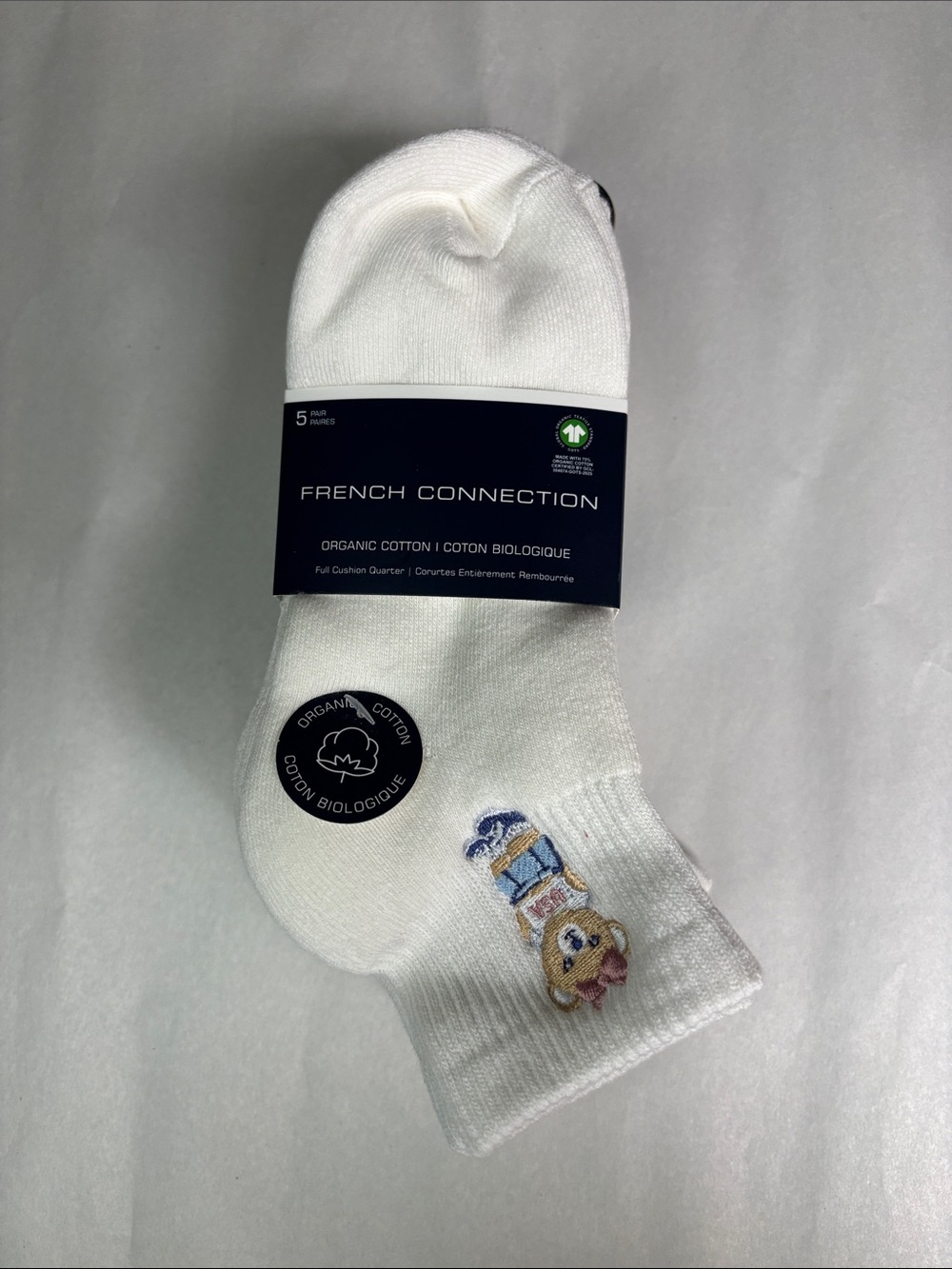 New French Connection Socks Women’s 5 Pair White & Pink Bear & Bows Quarter Sock